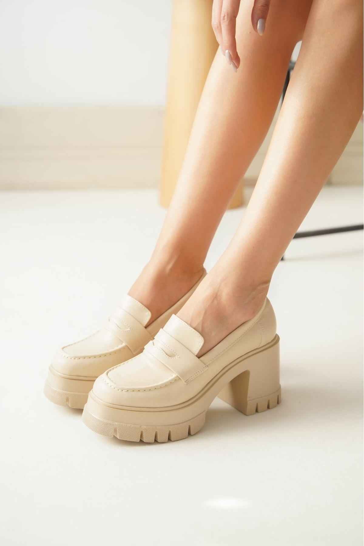 Ayakkabı Aşkı Nvl-506 Bej Günlük Yüksek Topuklu Platform Loafer Kadın Ayakkabı