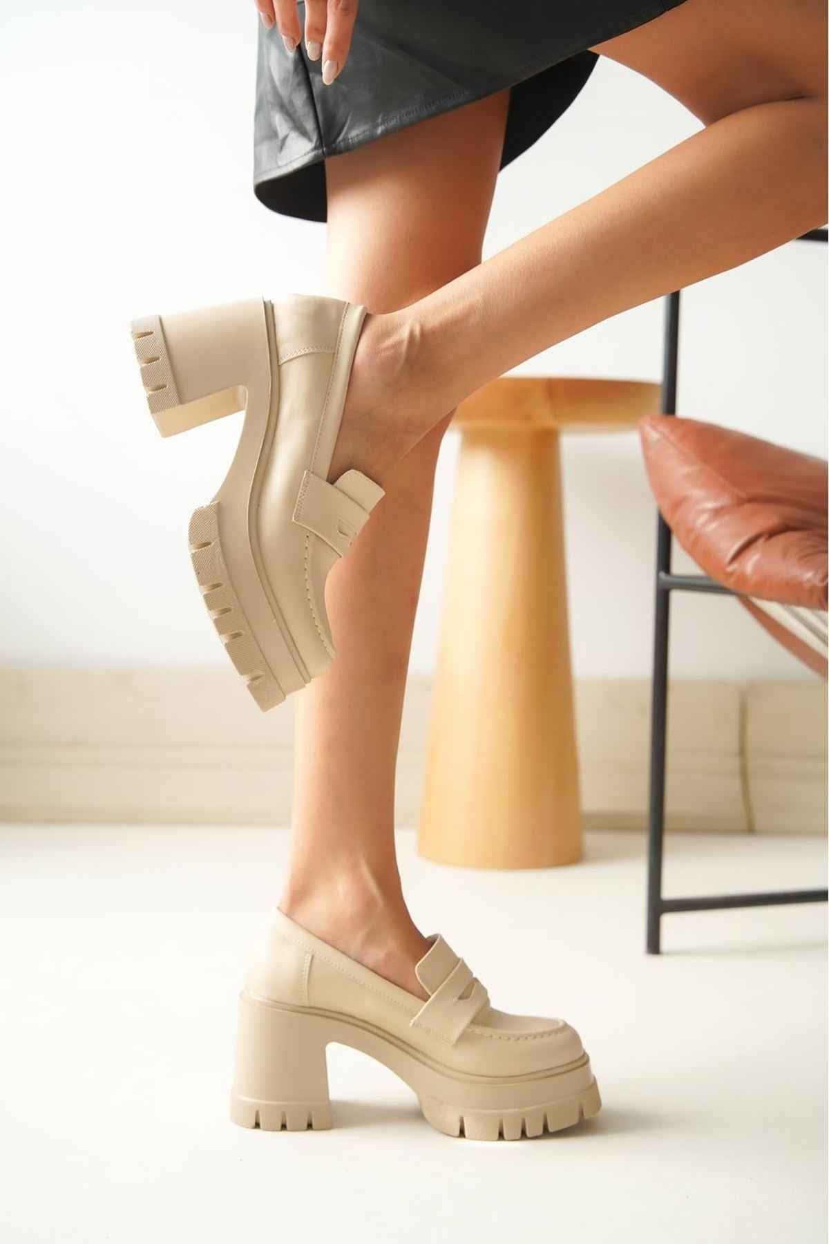 Ayakkabı Aşkı Nvl-506 Bej Günlük Yüksek Topuklu Platform Loafer Kadın Ayakkabı