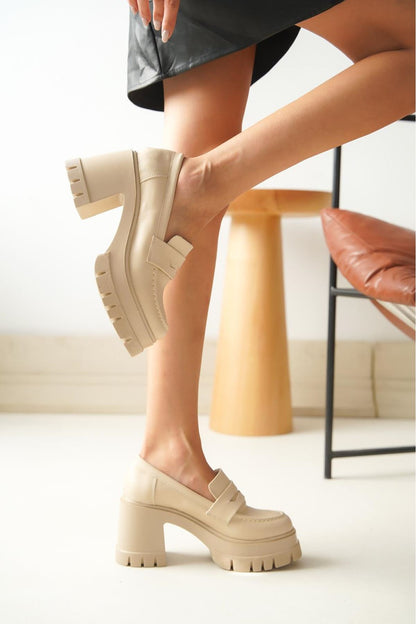 NVL-506 Bej Günlük Yüksek Topuklu Platform Loafer Kadın Ayakkabı - Bej