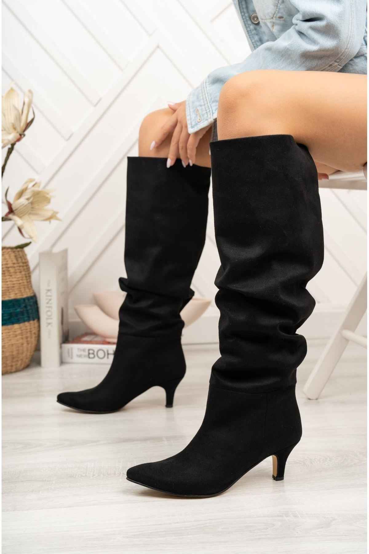 Ayakkabı Aşkı Sr-2001 Siyah Süet Körüklü Ince Topuklu Günlük Bayan Çizme