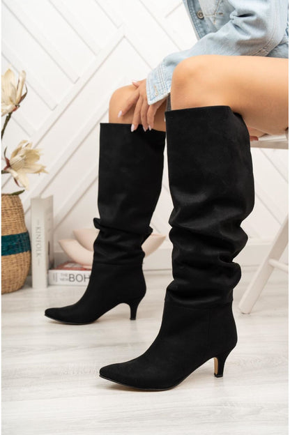 SR-2001 Siyah Süet Körüklü İnce Topuklu Günlük Bayan Çizme - Siyah