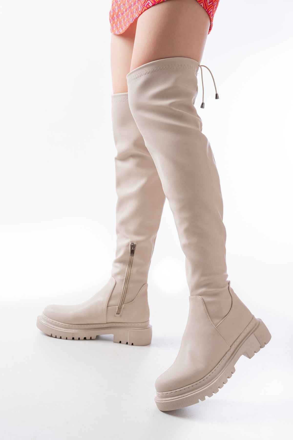 Ayakkabı Aşkı 812-2194 Bej Fermuarlı Diz Üstü Bağcıklı Çorap Günlük Kadın Çizme