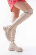 Ayakkabı Aşkı 812-2194 Bej Fermuarlı Diz Üstü Bağcıklı Çorap Günlük Kadın Çizme