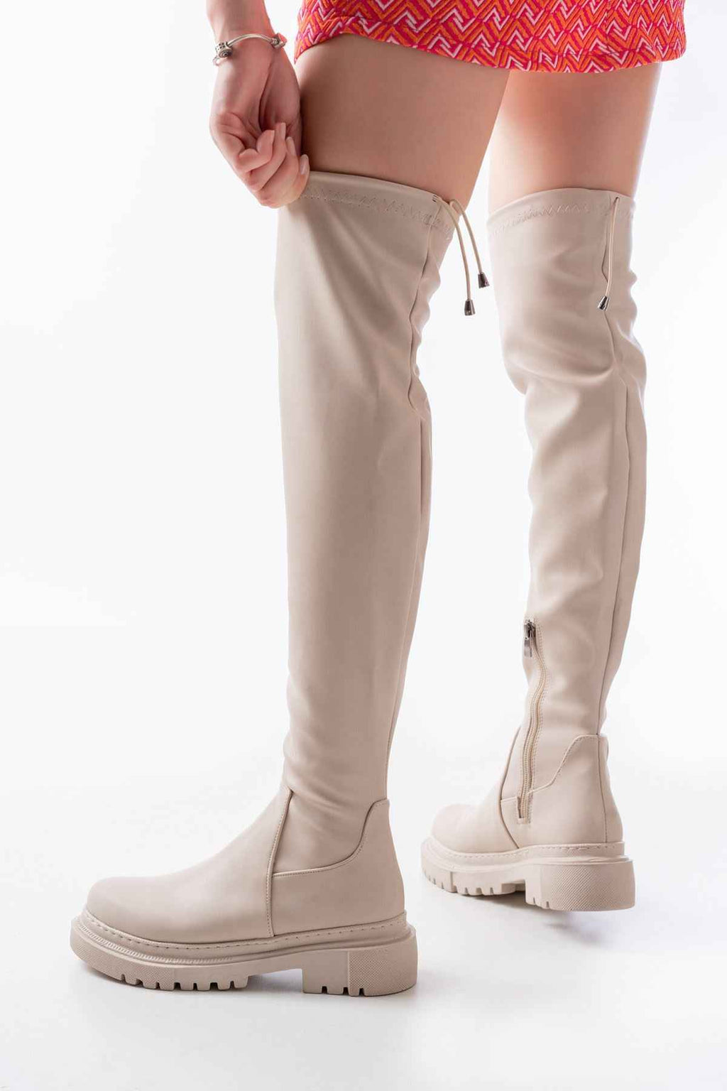 Ayakkabı Aşkı 812-2194 Bej Fermuarlı Diz Üstü Bağcıklı Çorap Günlük Kadın Çizme