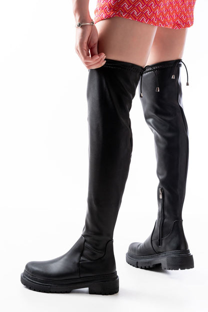 812-2194 Siyah Fermuarlı Diz Üstü Bağcıklı Çorap Günlük Kadın Çizme - Siyah