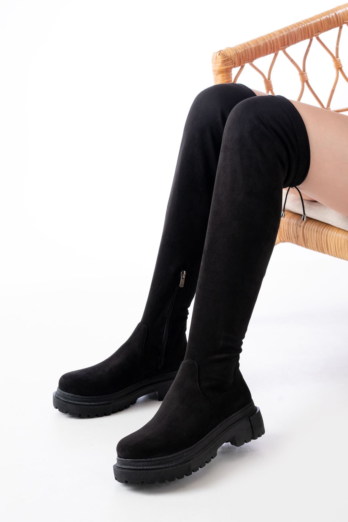 812-2194 Siyah Süet Fermuarlı Diz Üstü Bağcıklı Çorap Günlük Kadın Çizme - Siyah