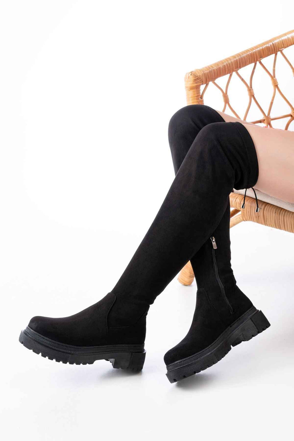 Ayakkabı Aşkı 812-2194 Siyah Süet Fermuarlı Diz Üstü Bağcıklı Çorap Günlük Kadın Çizme