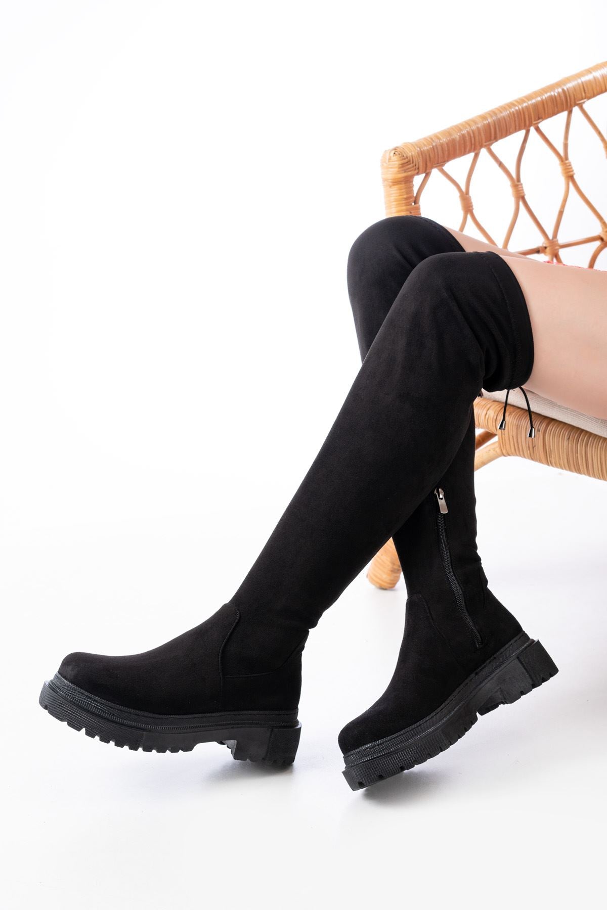 Ayakkabı Aşkı Siyah Süet Fermuarlı Diz Üstü Bağcıklı Çorap Günlük Kadın Çizme