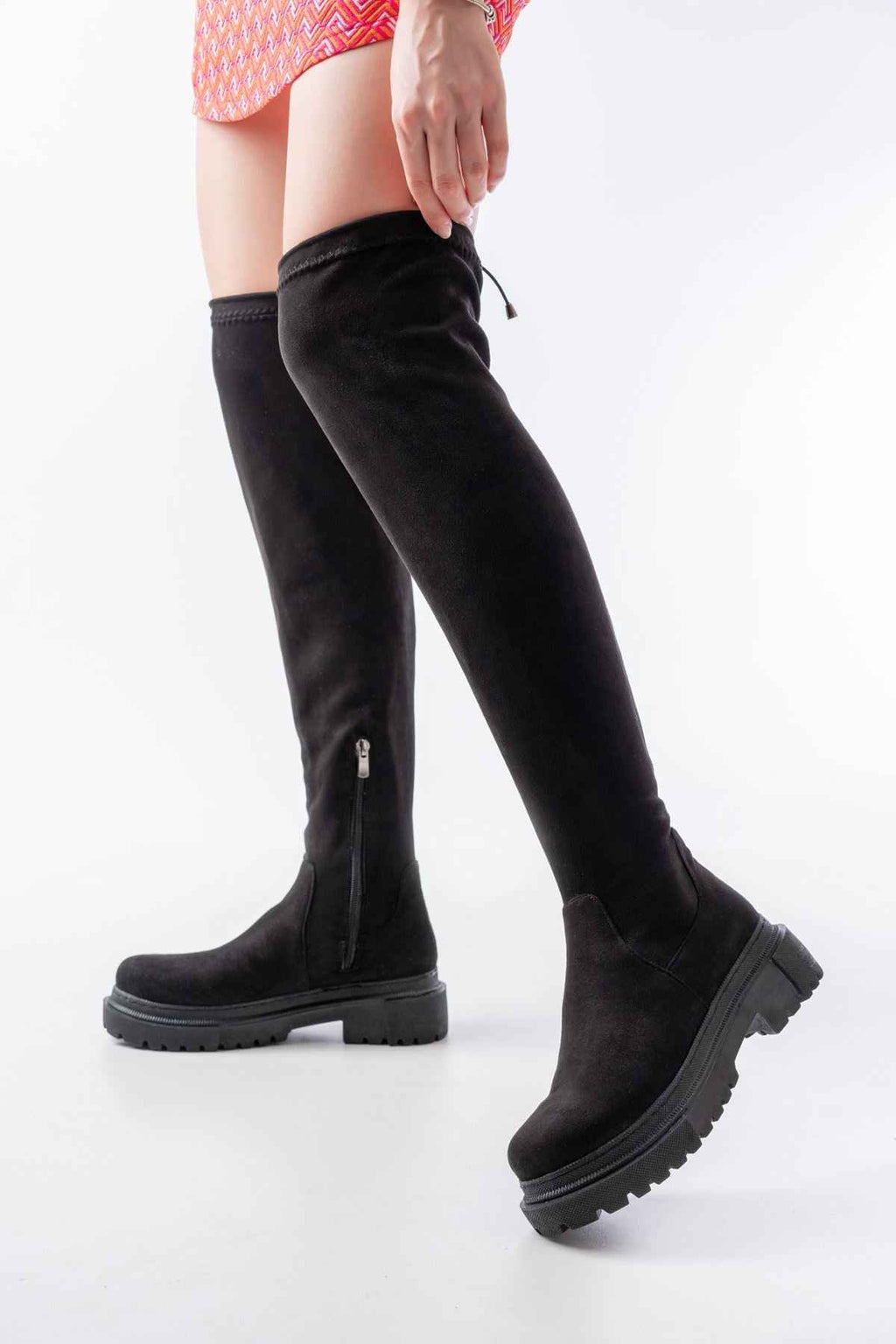 Ayakkabı Aşkı 812-2194 Siyah Süet Fermuarlı Diz Üstü Bağcıklı Çorap Günlük Kadın Çizme