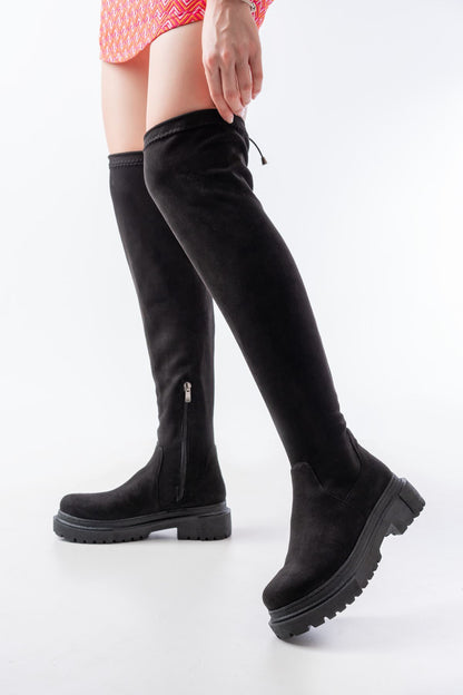 Ayakkabı Aşkı Siyah Süet Fermuarlı Diz Üstü Bağcıklı Çorap Günlük Kadın Çizme