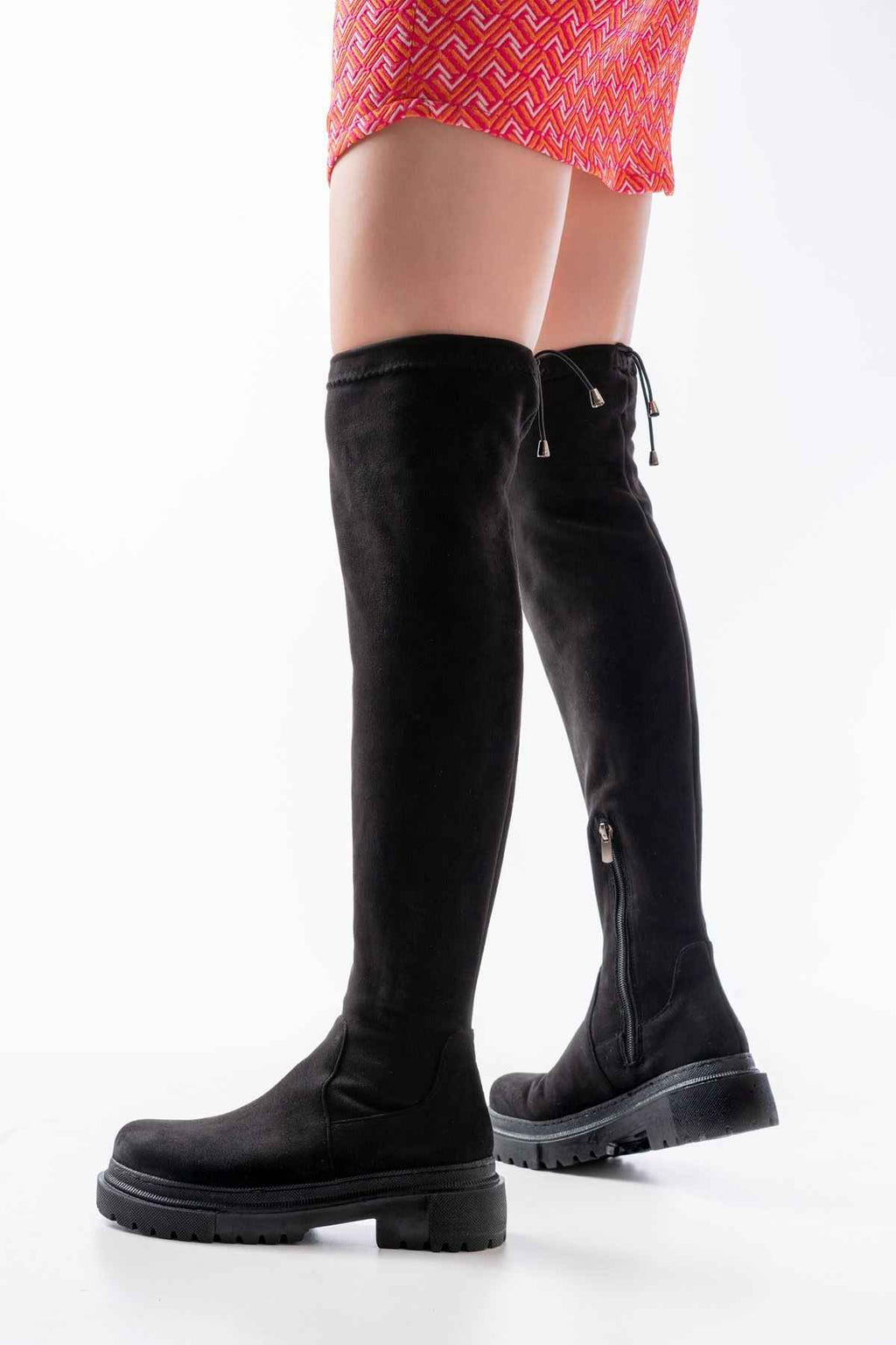 Ayakkabı Aşkı 812-2194 Siyah Süet Fermuarlı Diz Üstü Bağcıklı Çorap Günlük Kadın Çizme