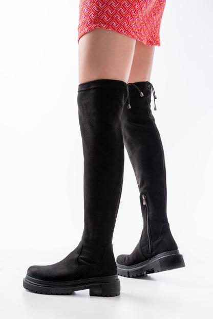 Ayakkabı Aşkı Siyah Süet Fermuarlı Diz Üstü Bağcıklı Çorap Günlük Kadın Çizme