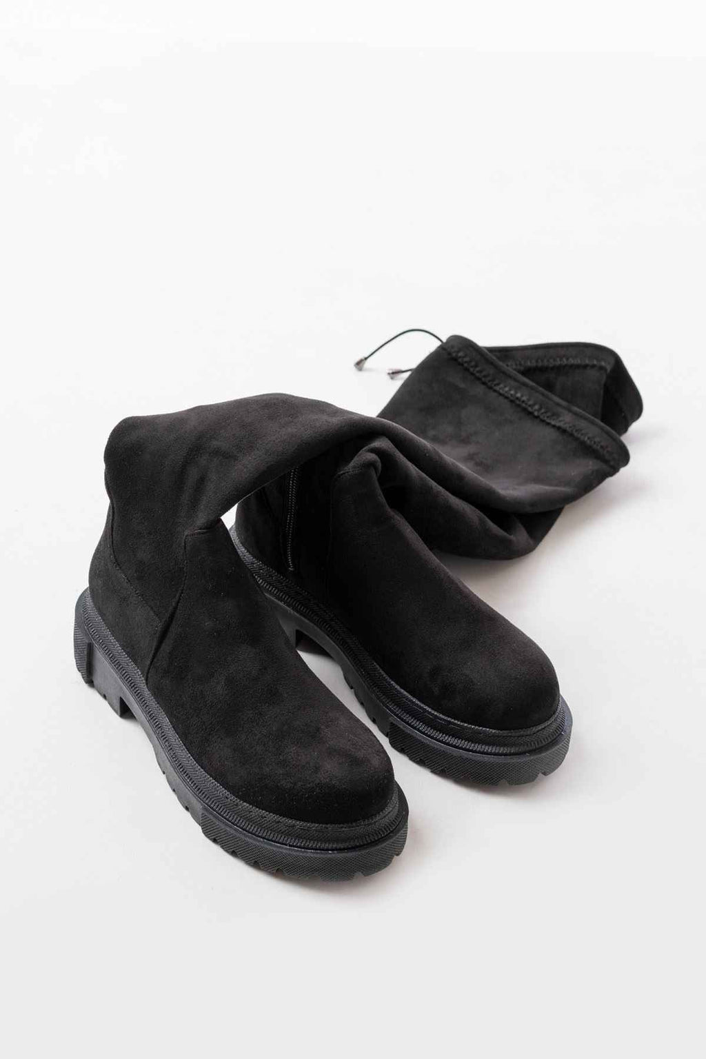 Ayakkabı Aşkı 812-2194 Siyah Süet Fermuarlı Diz Üstü Bağcıklı Çorap Günlük Kadın Çizme