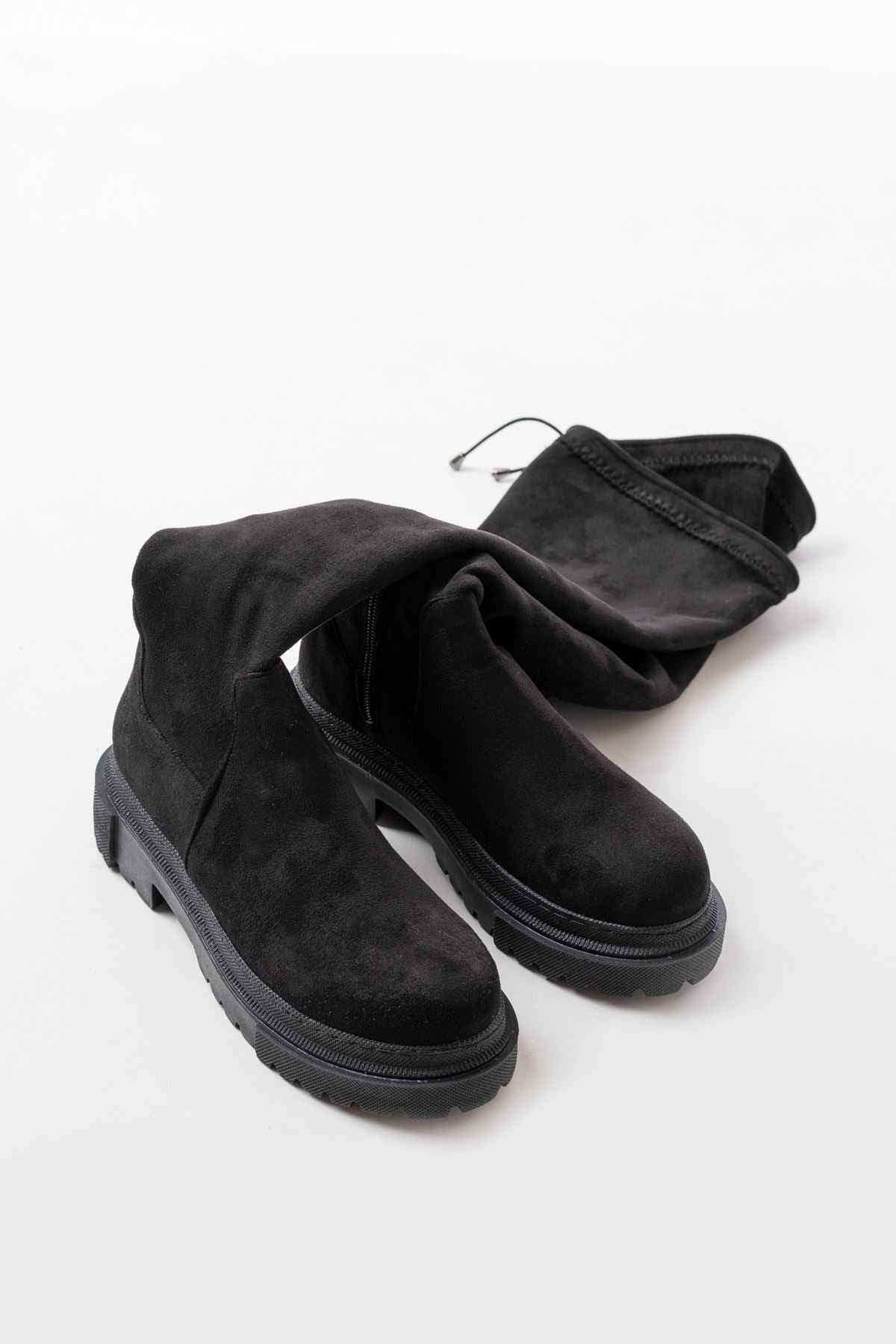 Ayakkabı Aşkı 812-2194 Siyah Süet Fermuarlı Diz Üstü Bağcıklı Çorap Günlük Kadın Çizme