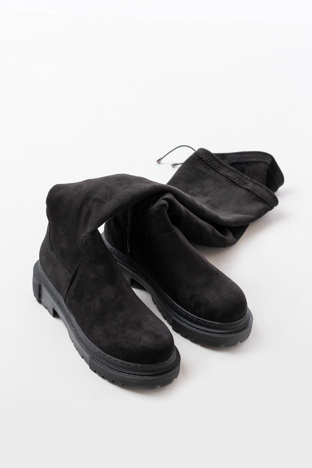 Ayakkabı Aşkı Siyah Süet Fermuarlı Diz Üstü Bağcıklı Çorap Günlük Kadın Çizme