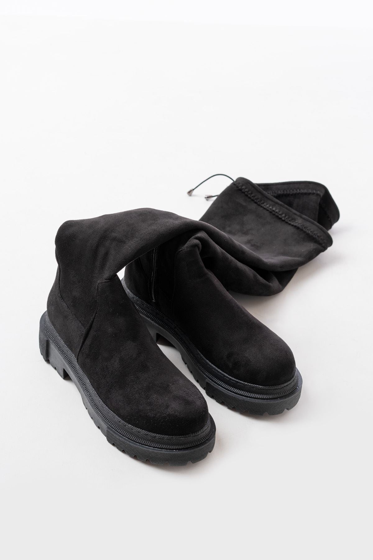 Ayakkabı Aşkı Siyah Süet Fermuarlı Diz Üstü Bağcıklı Çorap Günlük Kadın Çizme