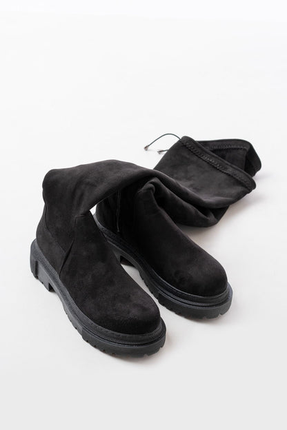 Ayakkabı Aşkı Siyah Süet Fermuarlı Diz Üstü Bağcıklı Çorap Günlük Kadın Çizme