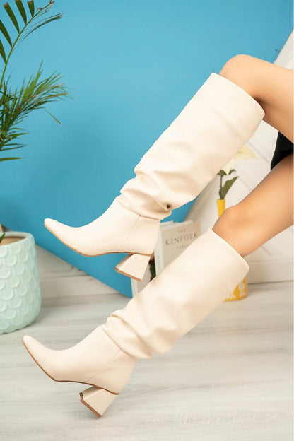 SYT-2002 Bej Körüklü Kalın Topuklu Günlük Bayan Çizme - Bej