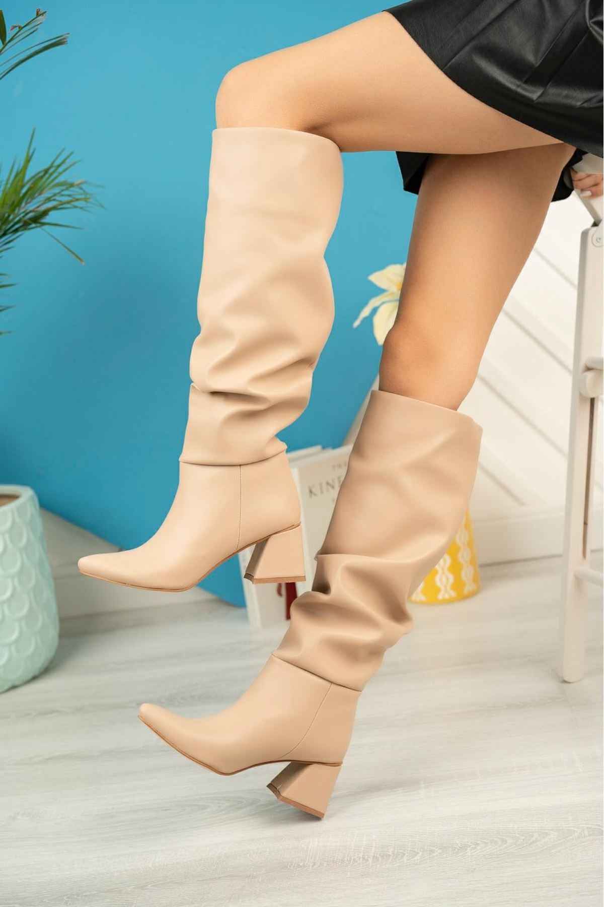 Ayakkabı Aşkı Syt-2002 Nut Körüklü Kalın Topuklu Günlük Bayan Çizme