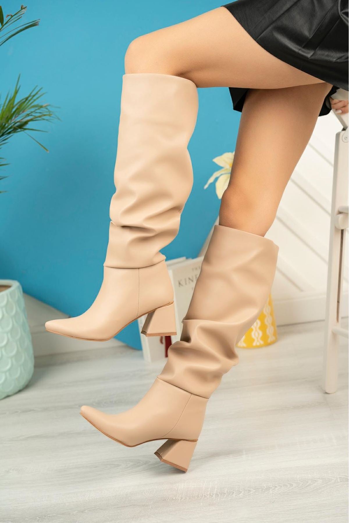 Ayakkabı Aşkı Nut Körüklü Kalın Topuklu Günlük Bayan Çizme - Ayakkabı Aşkı