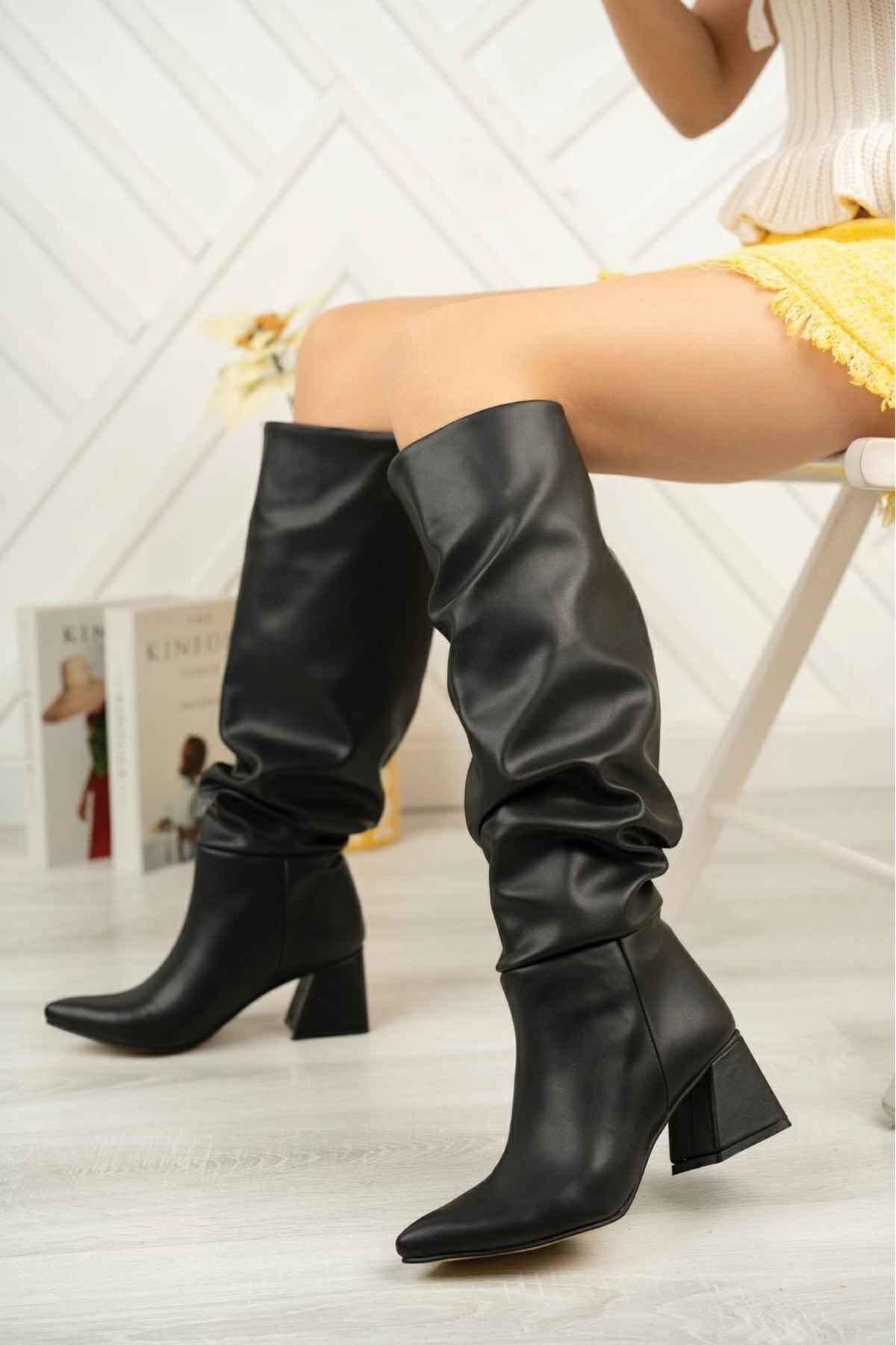 Ayakkabı Aşkı Syt-2002 Siyah Körüklü Kalın Topuklu Günlük Bayan Çizme