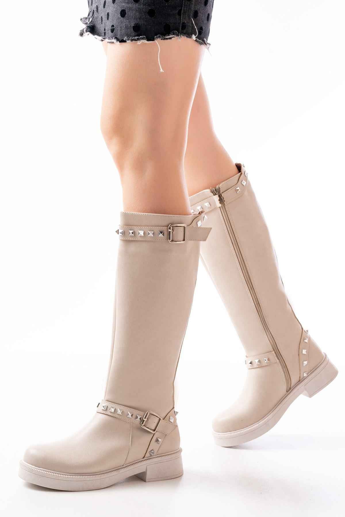 Ayakkabı Aşkı 02-307 Bej Düz Topuklu Günlük Bayan Binici Çizme