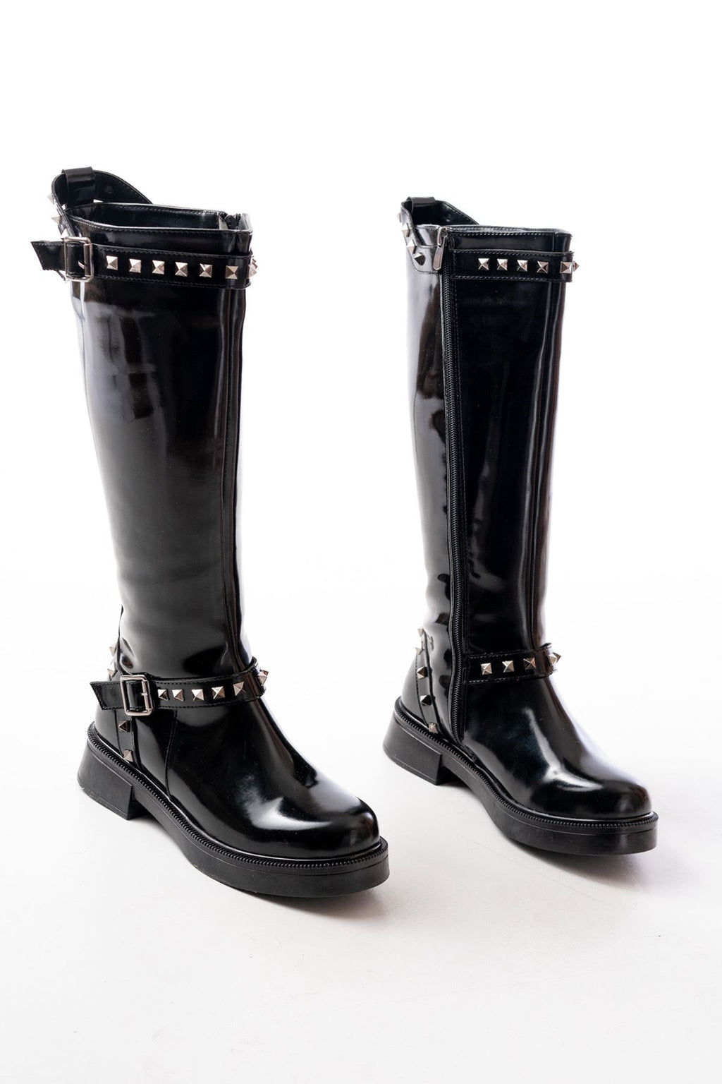 Ayakkabı Aşkı Siyah Rugan Düz Topuklu Günlük Bayan Binici Çizme