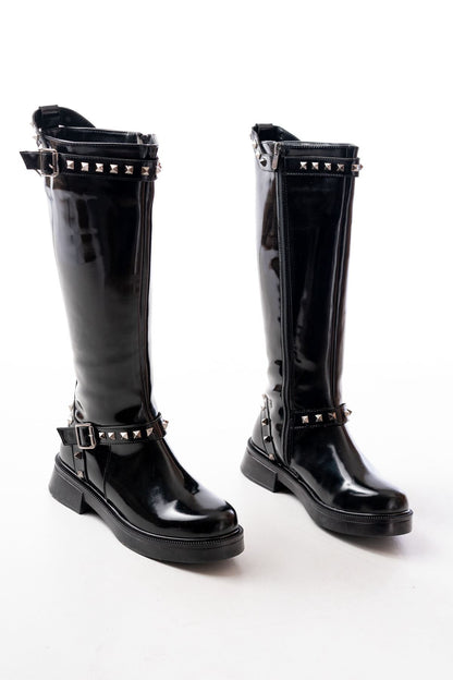 Ayakkabı Aşkı Siyah Rugan Düz Topuklu Günlük Bayan Binici Çizme