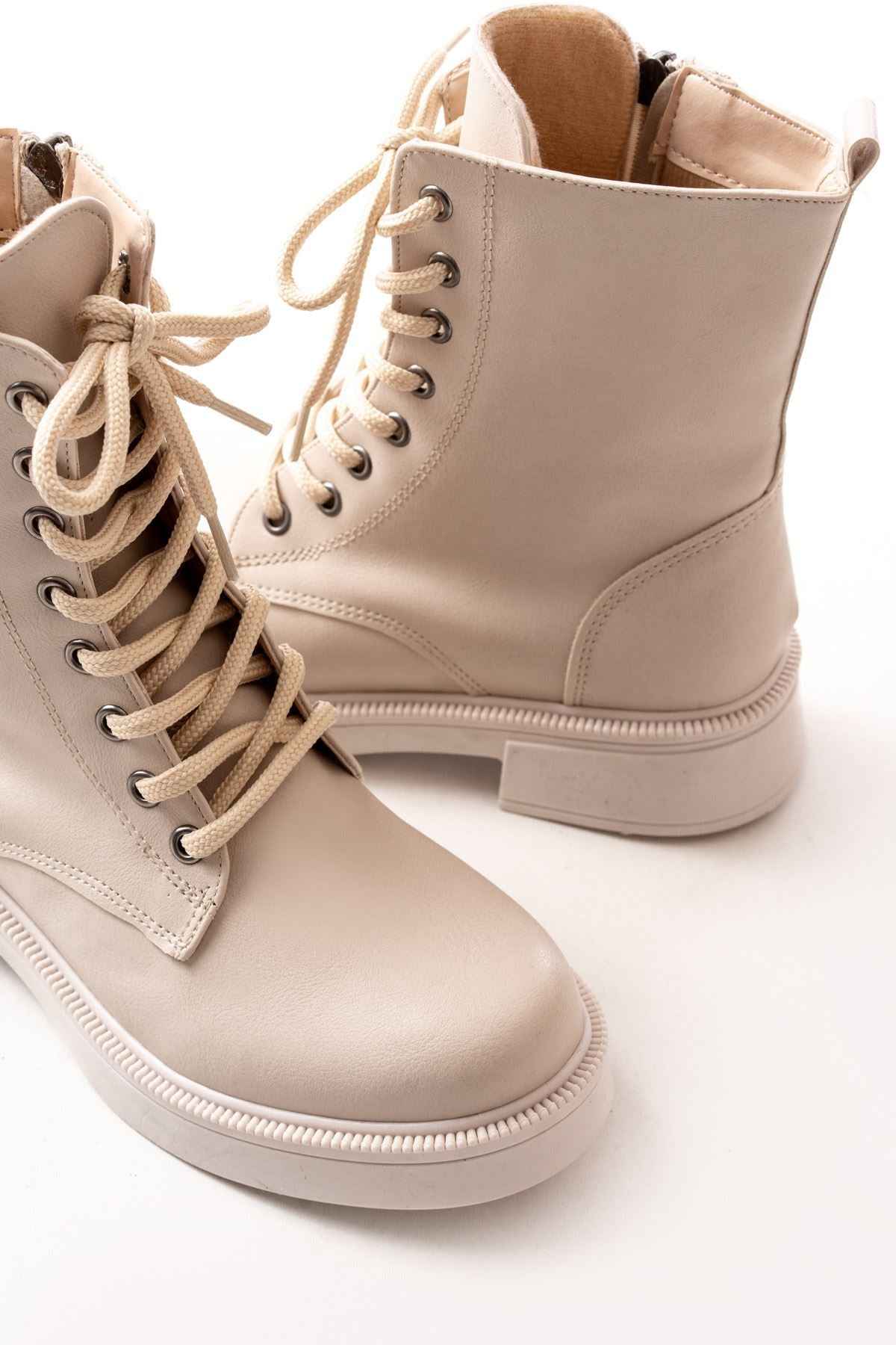 Ayakkabı Aşkı 02-356 Bej Düz Topuklu Bağcıklı Fermuarlı Günlük Kadın Bot