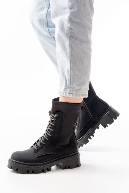 868-2006 Siyah Zümrüt Düz Topuklu Bağcıklı Fermuarlı Günlük Kadın Bot - Siyah