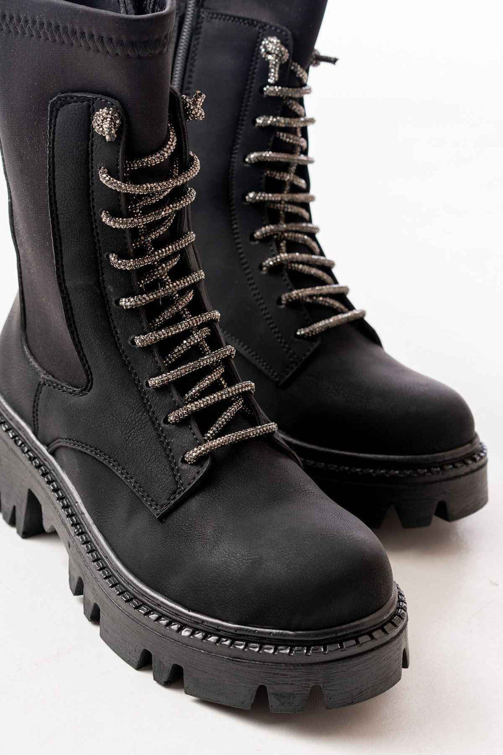 Ayakkabı Aşkı 868-2006 Siyah Zümrüt Düz Topuklu Bağcıklı Fermuarlı Günlük Kadın Bot