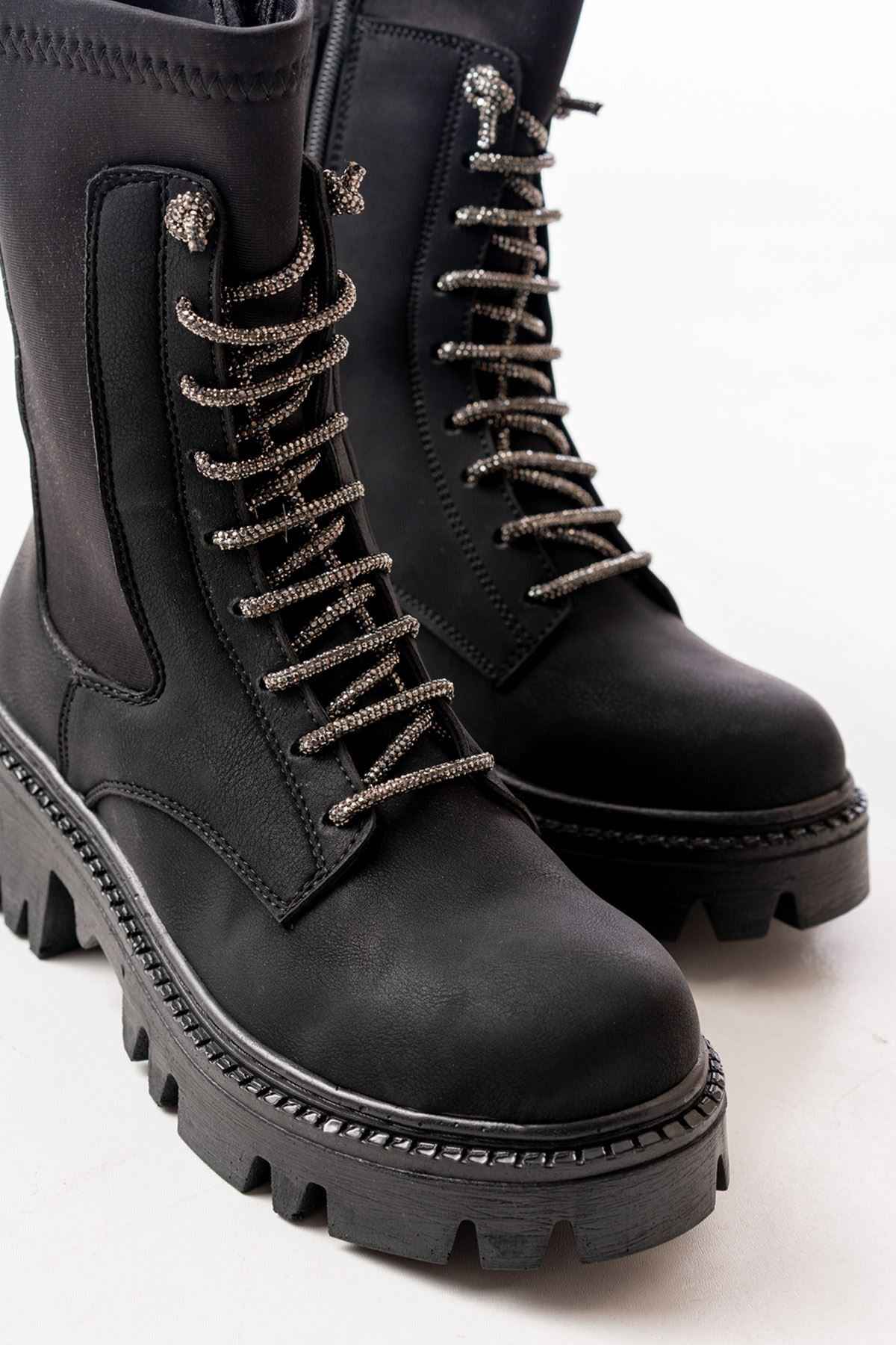 Ayakkabı Aşkı 868-2006 Siyah Zümrüt Düz Topuklu Bağcıklı Fermuarlı Günlük Kadın Bot