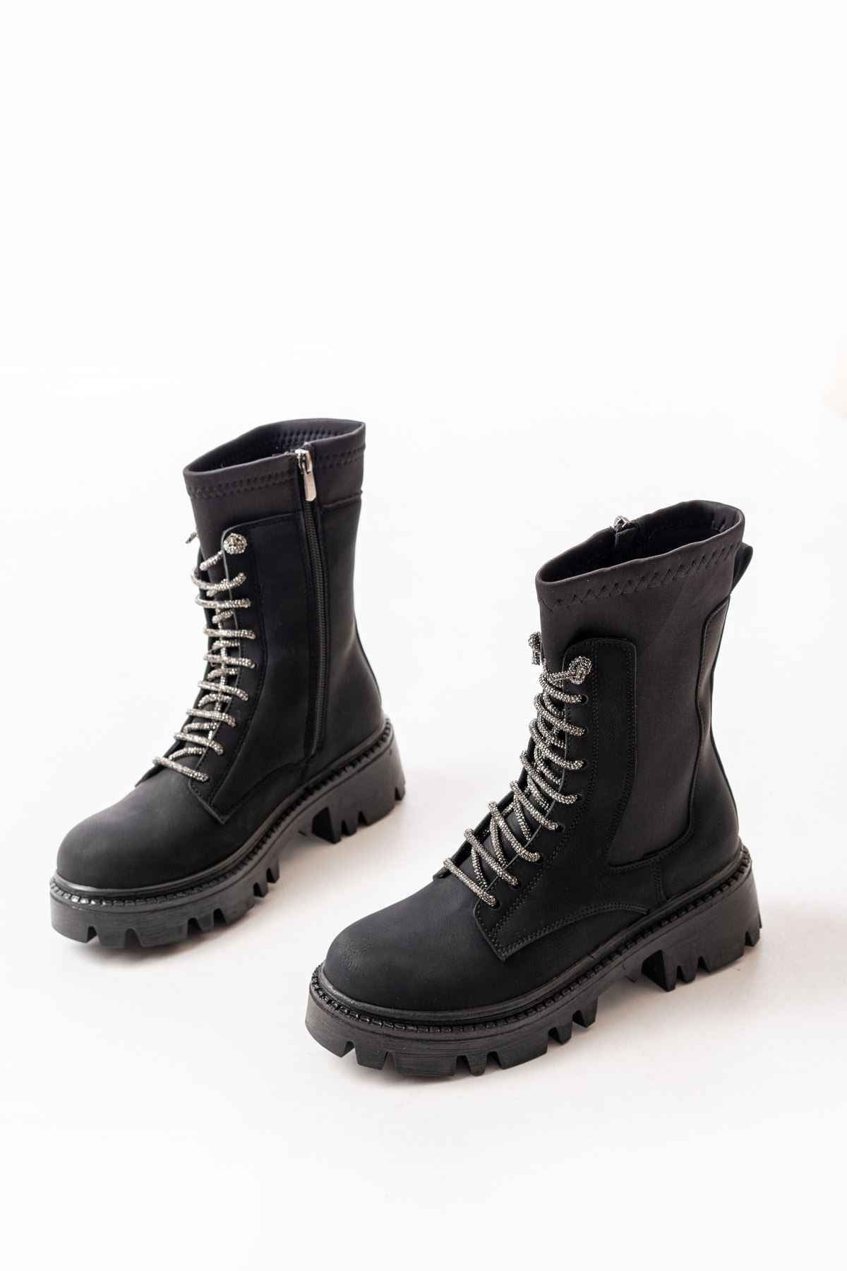 Ayakkabı Aşkı 868-2006 Siyah Zümrüt Düz Topuklu Bağcıklı Fermuarlı Günlük Kadın Bot