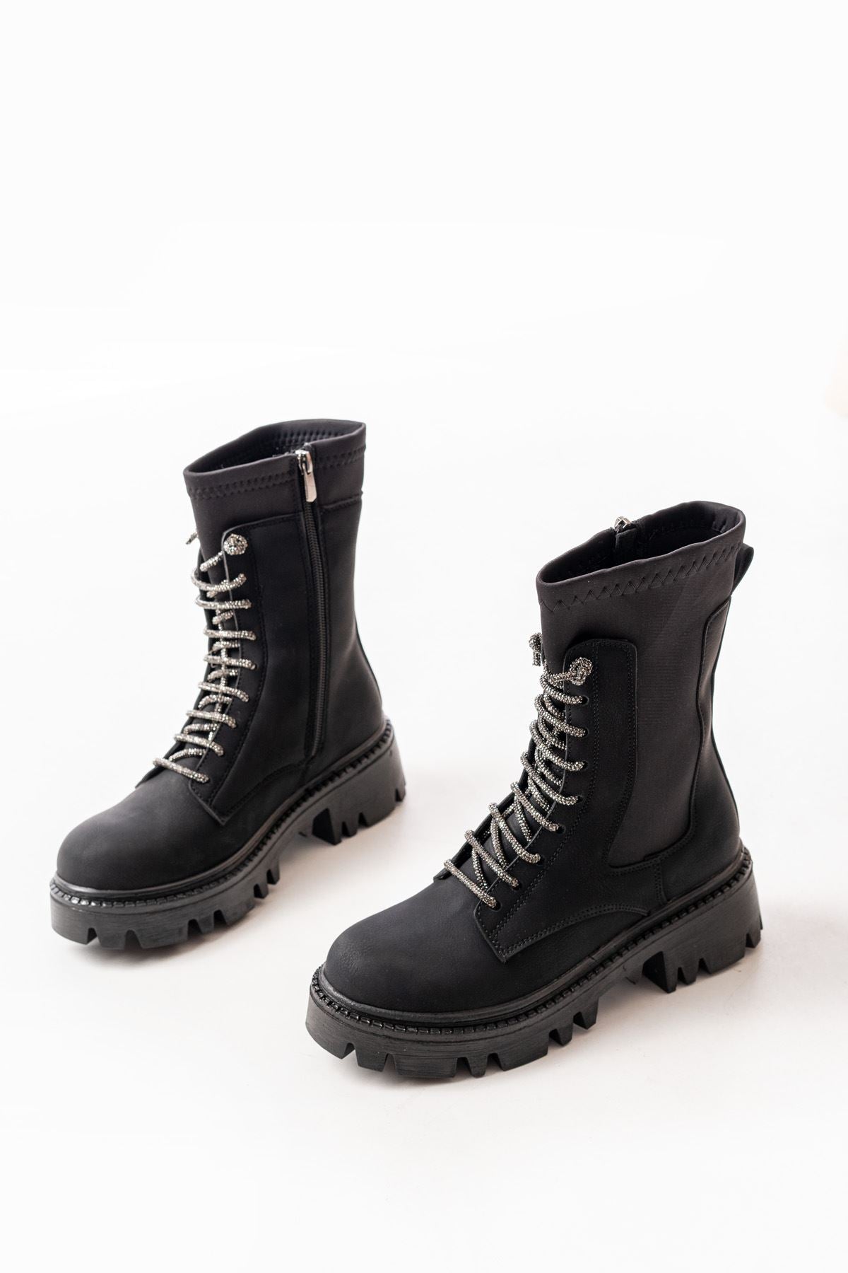 Ayakkabı Aşkı Siyah Zümrüt Düz Topuklu Bağcıklı Fermuarlı Günlük Kadın Bot