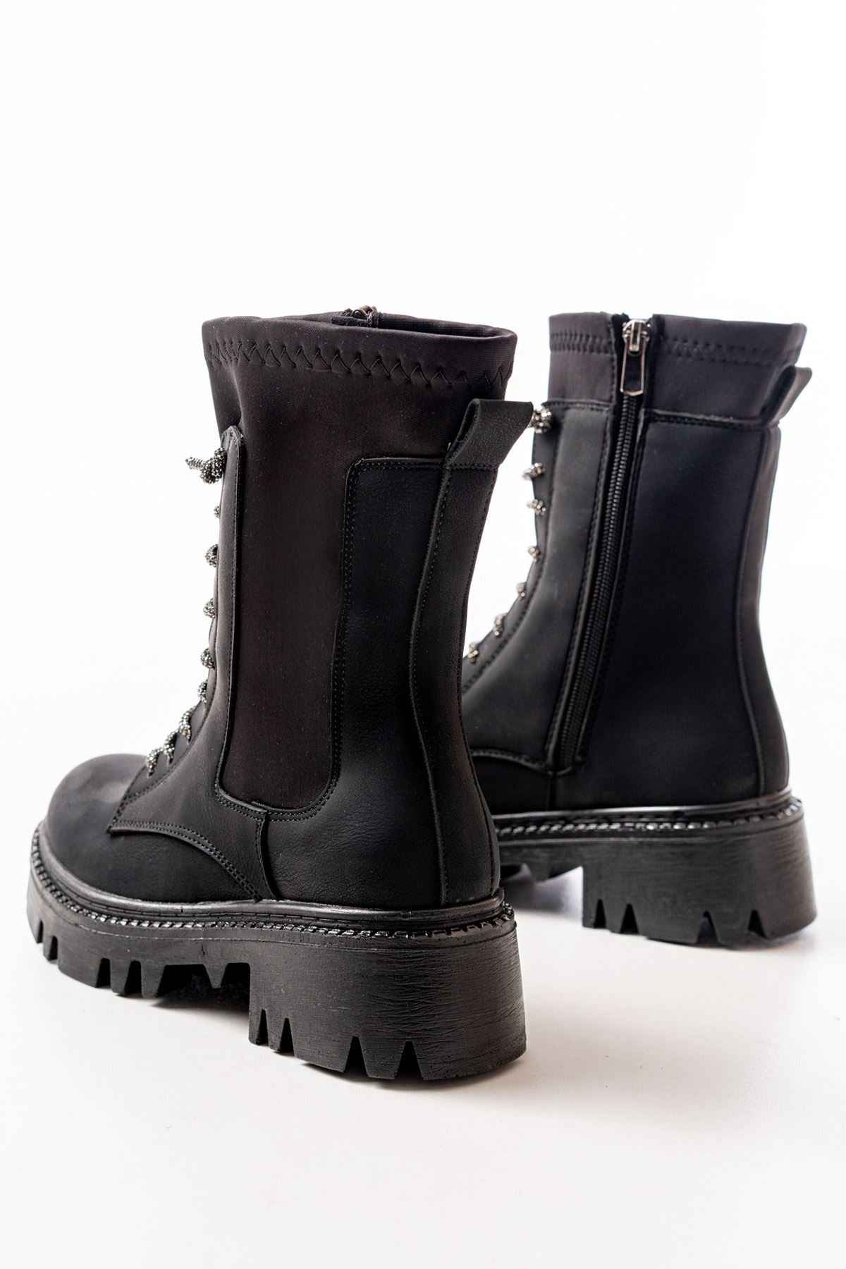 Ayakkabı Aşkı 868-2006 Siyah Zümrüt Düz Topuklu Bağcıklı Fermuarlı Günlük Kadın Bot