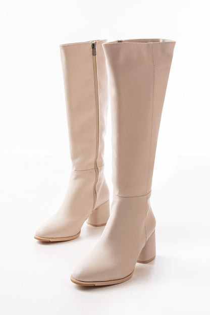 Ayakkabı Aşkı Bej Topuklu Fermuarlı Günlük Kadın Çizme