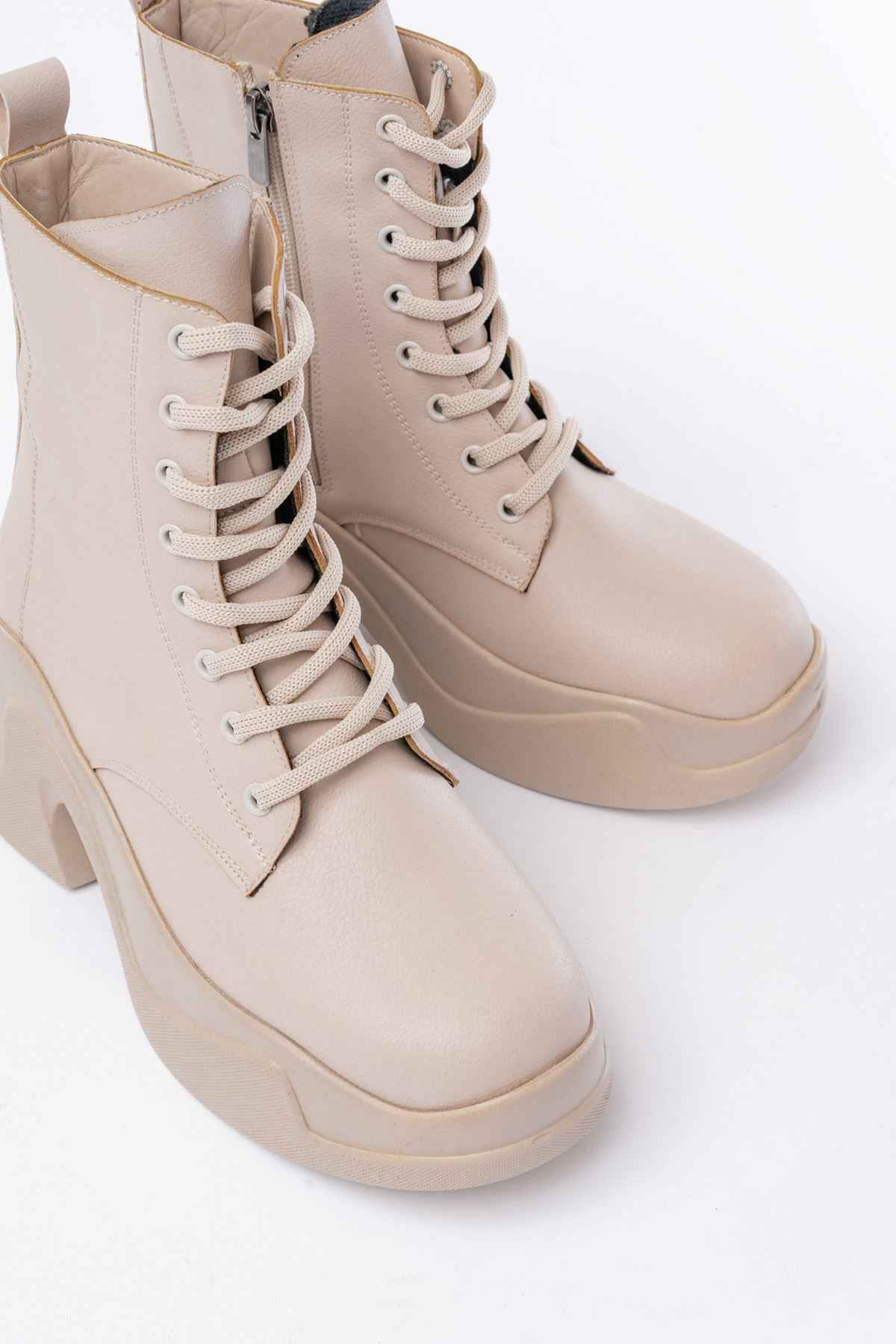 Ayakkabı Aşkı Fz-2550 Bej Yüksek Tabanlı Bağcıklı Fermuarlı Günlük Kadın Bot