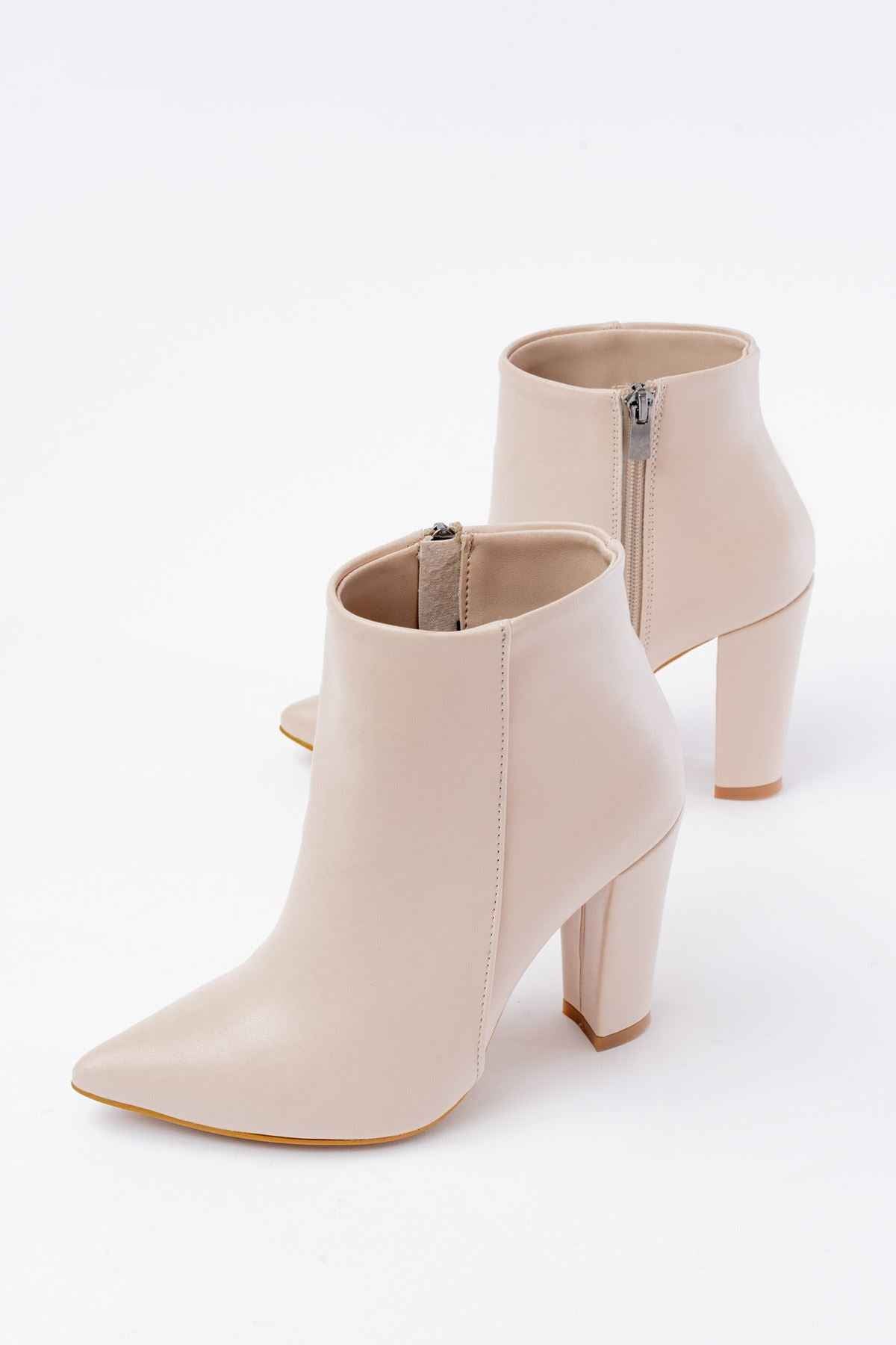 Ayakkabı Aşkı Vrt-4801 Bej Yüksek Kalın Topuklu Fermuarlı Kadın Bot