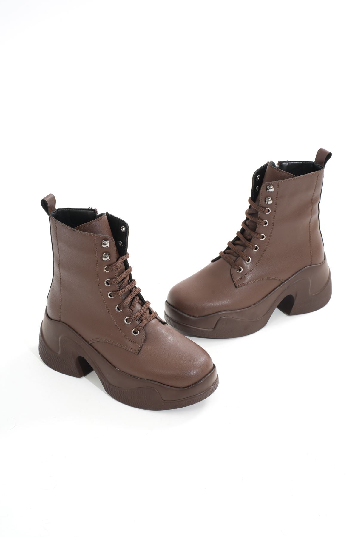 Ayakkabı Aşkı Kahverengi Yüksek Tabanlı Bağcıklı Fermuarlı Günlük Kadın Bot - Ayakkabı Aşkı