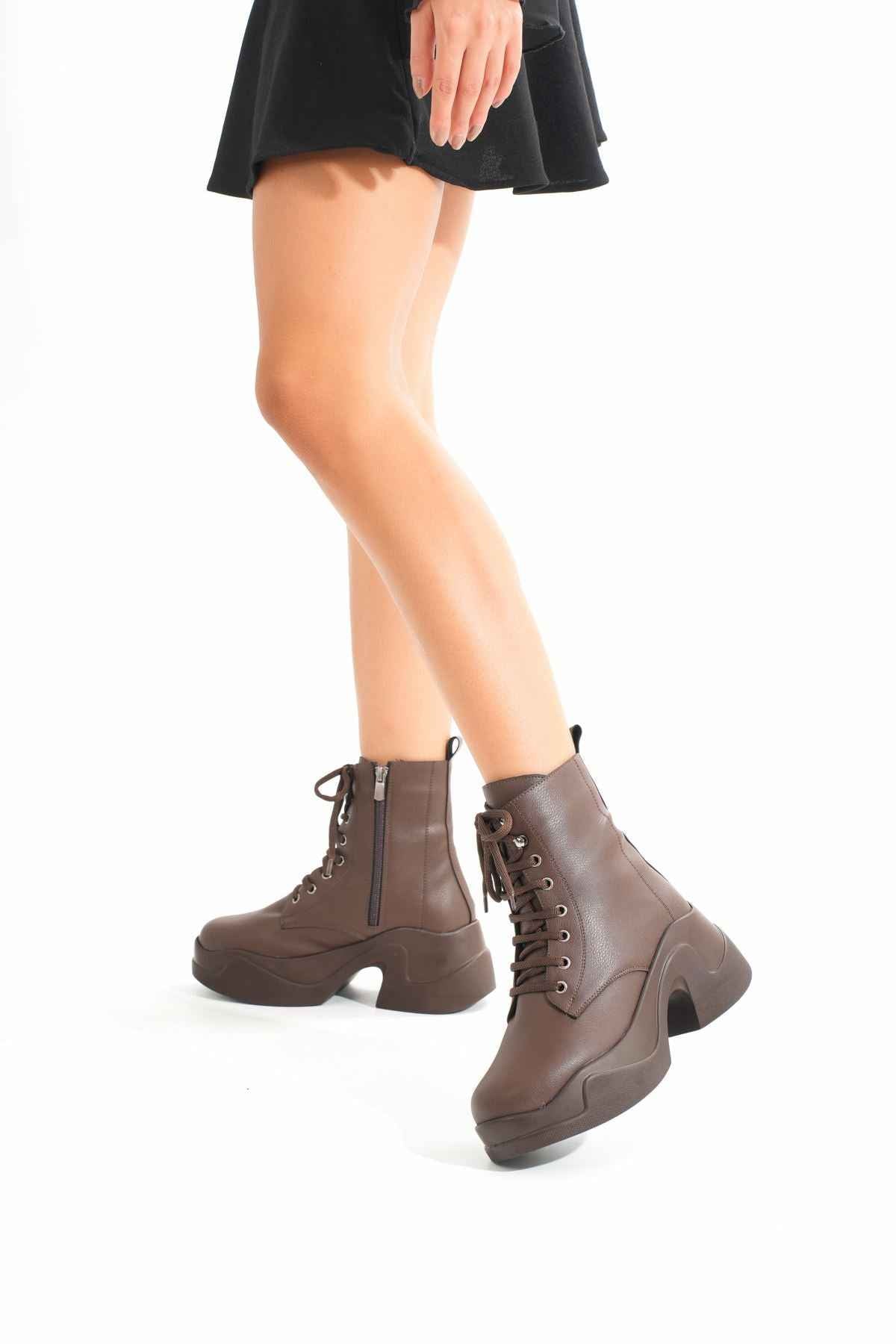 Ayakkabı Aşkı Fz-2550 Kahverengi Yüksek Tabanlı Bağcıklı Fermuarlı Günlük Kadın Bot