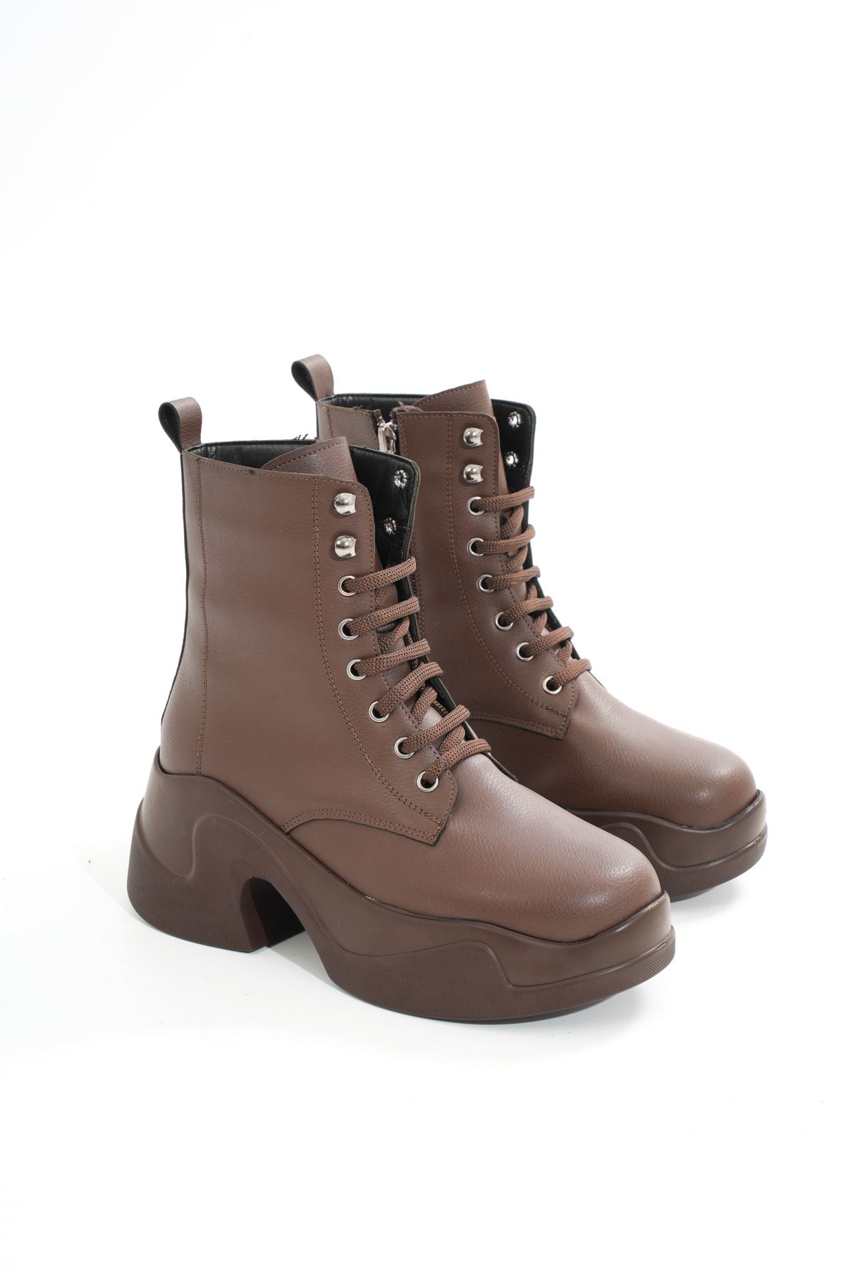 Ayakkabı Aşkı Kahverengi Yüksek Tabanlı Bağcıklı Fermuarlı Günlük Kadın Bot