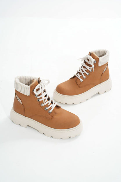 Ayakkabı Aşkı LMÇ-2045 Taba Süet Bağcıklı Kalın Taban Kadın Günlük Bot
