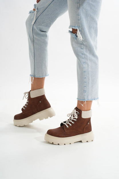 Ayakkabı Aşkı LMÇ-2045 Kahverengi Süet Bağcıklı Kalın Taban Kadın Günlük Bot
