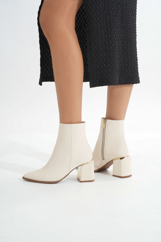 DNZ-409 Bej Fermuarlı Topuklu Kadın Günlük Bot - Bej