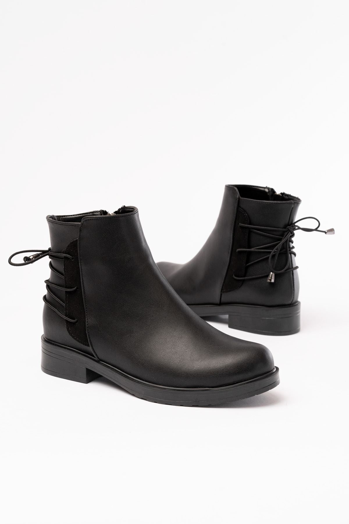 Ayakkabı Aşkı Siyah Arka Bağcık Aksesuarlı Fermuarlı Günlük Kadın Bot - Ayakkabı Aşkı