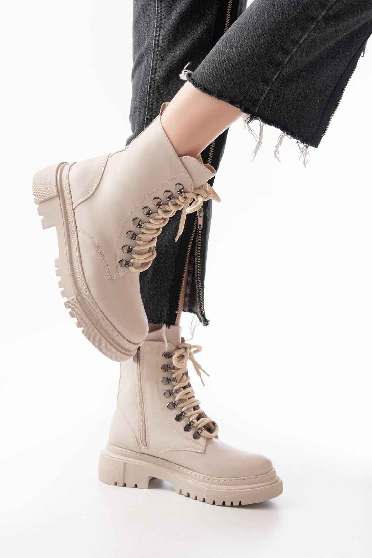 Ayakkabı Aşkı 812-2121 Bej Bağcıklı Fermuarlı Günlük Kadın Bot