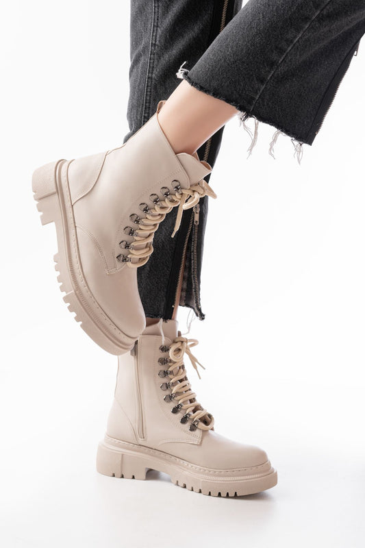 Ayakkabı Aşkı Bej Bağcıklı Fermuarlı Günlük Kadın Bot