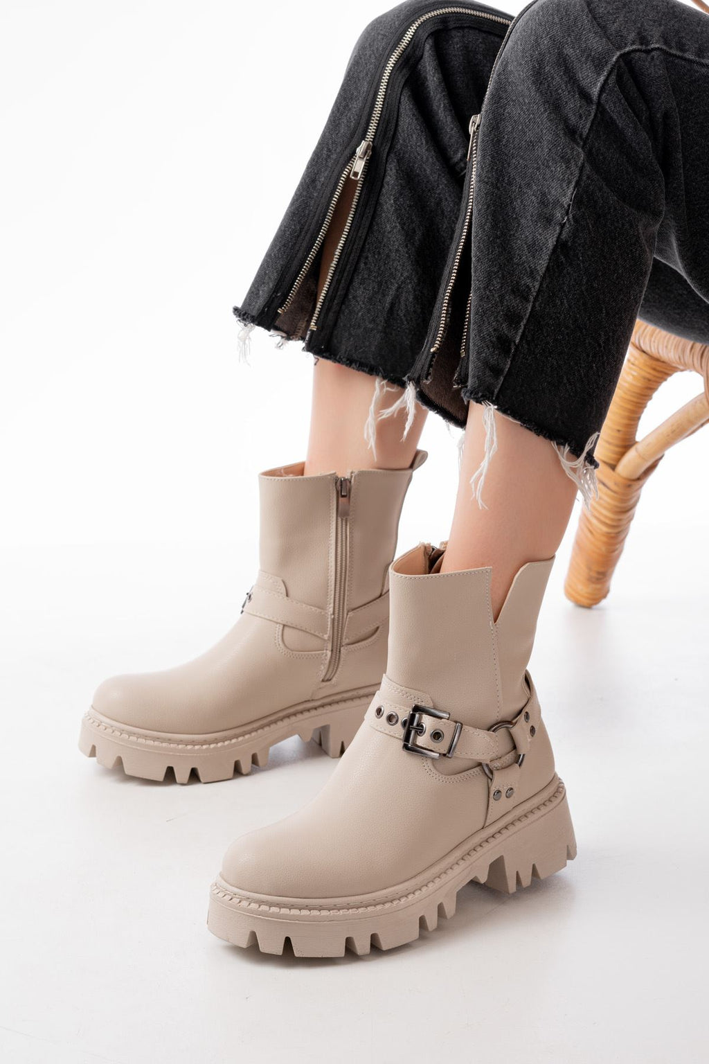 Ayakkabı Aşkı Bej Fermuarlı Günlük Kadın Bot - Ayakkabı Aşkı
