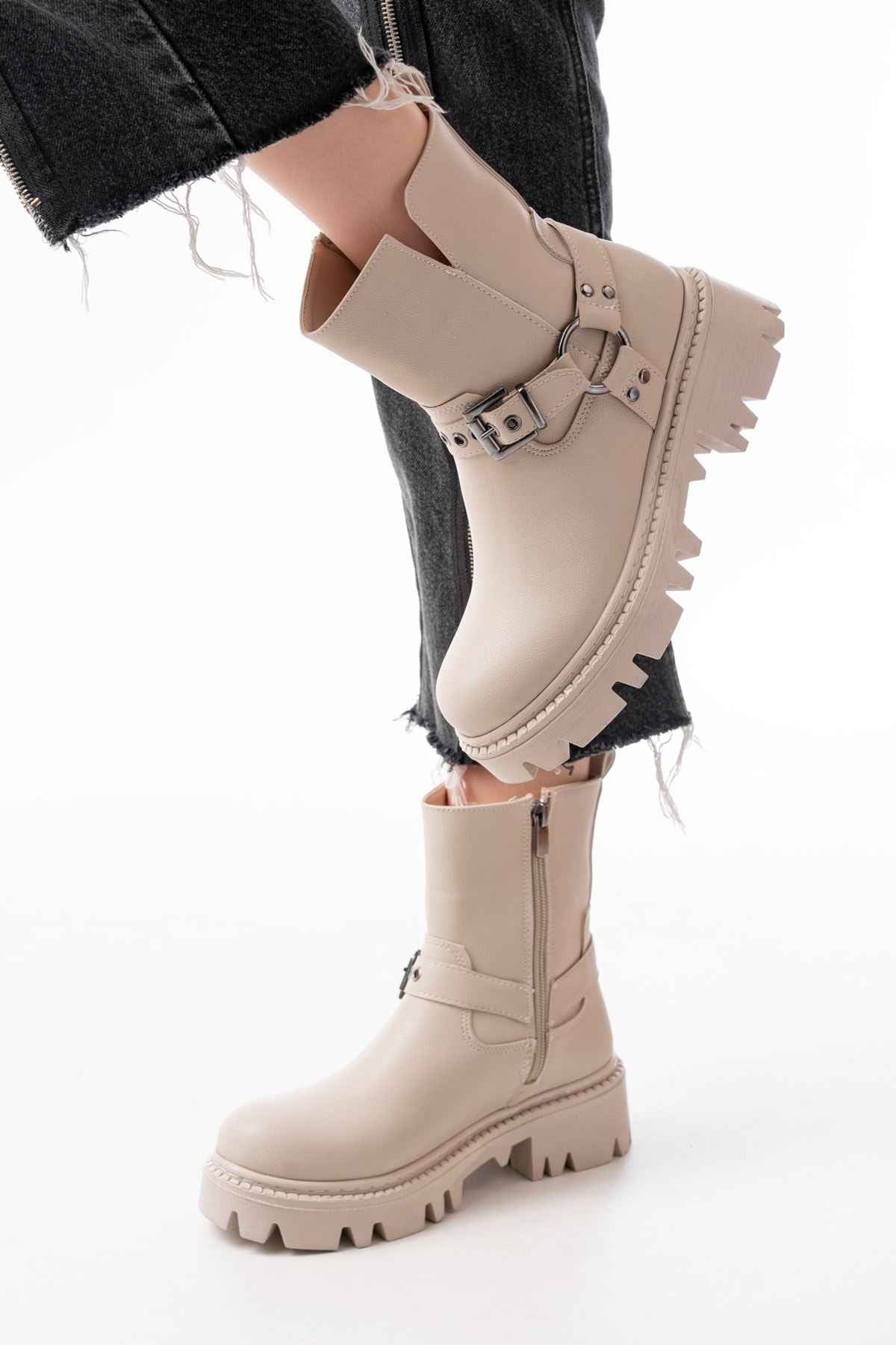 Ayakkabı Aşkı 868-2015 Bej Fermuarlı Günlük Kadın Bot