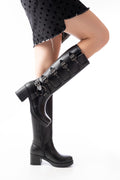 Ayakkabı Aşkı Siyah Topuklu Fermuarlı Toka Aksesuarlı Günlük Kadın Çizme - Ayakkabı Aşkı